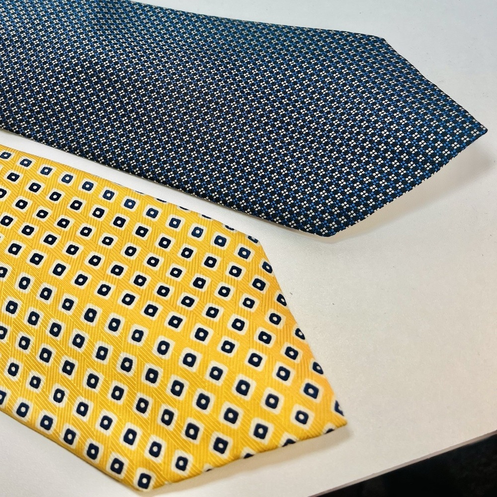 Lot of 2 LRL Lauren Ralph Lauren Silk Neck Ties Yellow Blue Geometric Pattern